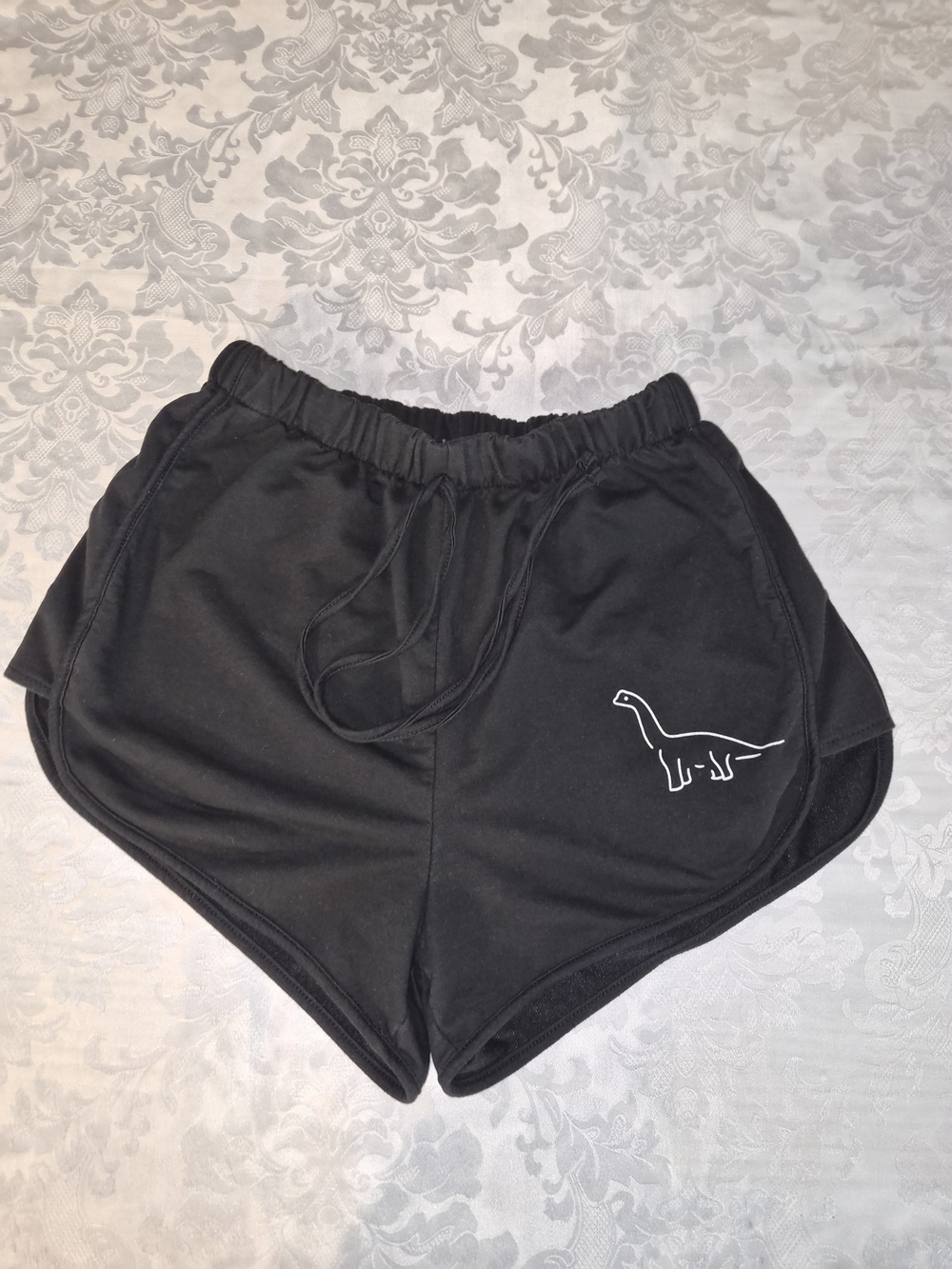 ROMWE Black Women's Drawstring Athletic Shorts with White Dino Outline